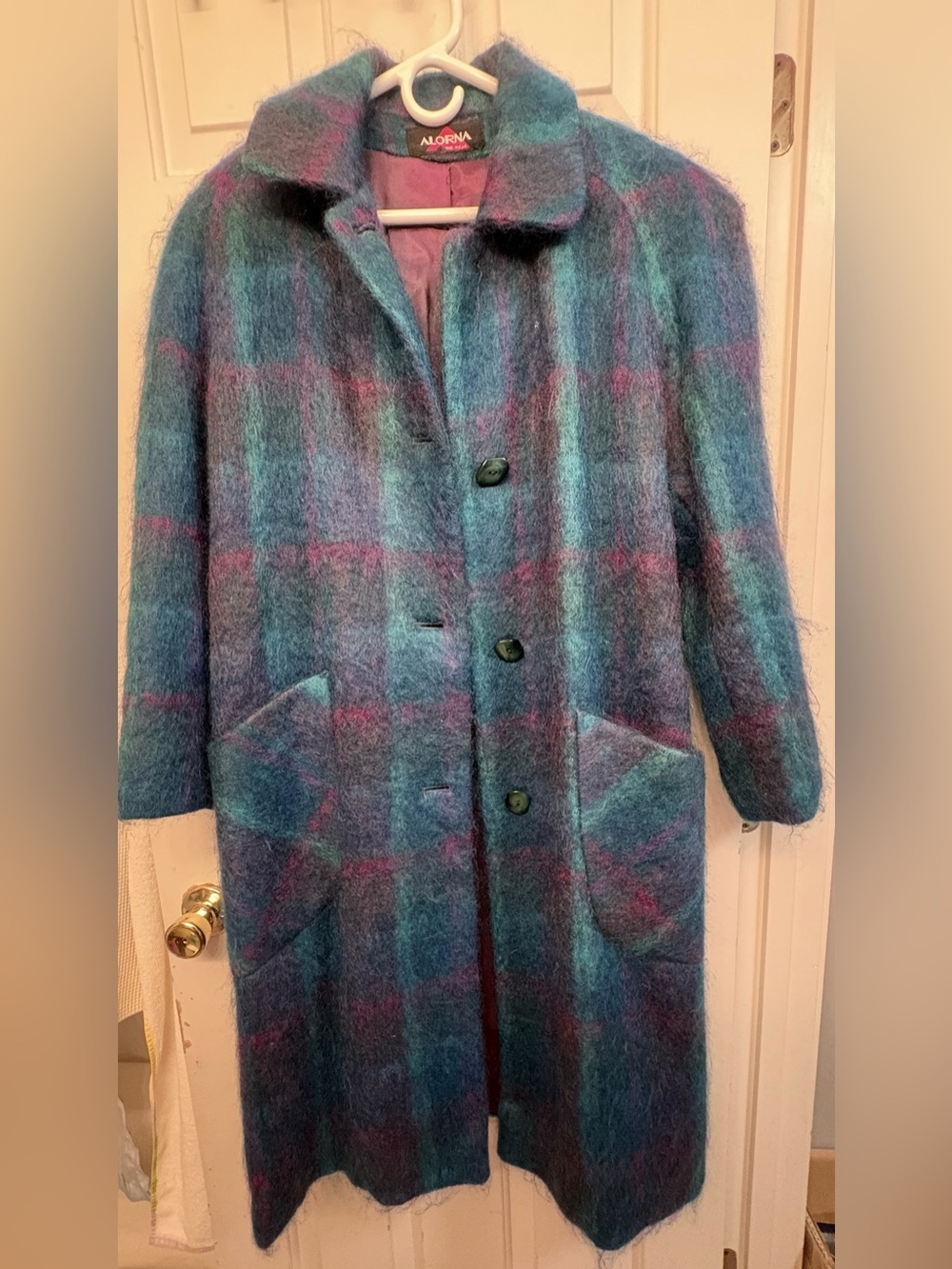 Blue & Purple Plaid Long Mohair Wool Coat